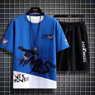 暢登短袖套裝男冰絲短袖t恤夏季ins衣服搭配帥氣潮牌衣服男裝兩件套 藍色+短褲 2XL