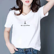 登森奧奧純棉短袖t恤女2024春夏女裝新款韓版寬松V領(lǐng)T恤休閑印花上衣 白色V領(lǐng)-鐵塔 2XL 建議125-135斤