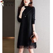 啄木鳥(niǎo)秋冬半高領(lǐng)針織連衣裙女中長(cháng)款寬松時(shí)尚毛衣配大衣毛衣裙打底裙 黑色 XL 建議115-130斤