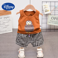 迪士尼（Disney）寶寶夏季童裝兒童背心短褲套裝女童男童紗布兩件套嬰兒夏裝 貓頭鷹咖色 80 建議身高75cm