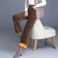 燈蕊細條絨女褲燈芯絨褲子秋冬季高腰休閑褲女長(cháng)褲寬松直筒褲加絨條絨褲燈草絨 ASO咖啡色加絨褲8817-2 31 二尺四