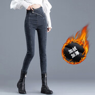 箐冉兒 黑色超高腰加絨牛仔褲女顯瘦顯高褲子秋冬女褲收腹彈力小腳褲鉛筆潮 藍灰色加絨 M