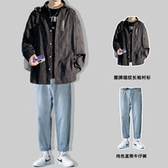 主意范（ZHUYIFAN）胖子超大碼休閑襯衫男士短袖夏季寬松大碼冰絲學(xué)生外套襯衣套裝 C3511黑色+牛仔褲 5XL (195) 205-245斤