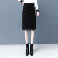 晉影2025秋冬新款加厚半身裙女高腰中長(cháng)款針織蕾絲毛線(xiàn)裙開(kāi)叉一步裙子 四葉草扣+蕾絲邊 黑色 XL 【115-125斤】