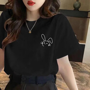 王熙麥t恤女2023新款印花短袖夏季韓版上衣寬松體恤上衣 黑色（側邊小兔） XXXL建議140-160斤