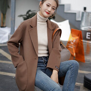 BUTAO女裝雙面羊毛大衣女小個(gè)子新款中長(cháng)韓版顯瘦寬松呢子外套 咖啡色 M 【建議120-140斤】