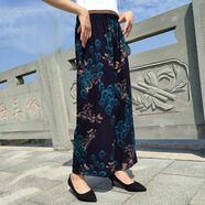 棉麻闊腿褲女夏九分褲大碼裙褲寬松高腰印花大腳褲 黑底藍羽毛 80-180斤