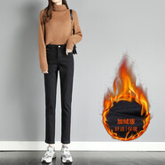 箐冉兒 加絨牛仔褲女秋冬2020新款韓版高腰顯瘦高個(gè)子百搭西裝直筒煙管褲 15-13588黑色加絨 M