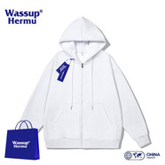 WASSUP HERMU官方潮流連帽衛(wèi)衣男春秋季運(yùn)動(dòng)休閑情侶套裝大碼外套潮牌長袖開衫 白色 M（建議90-110斤）
