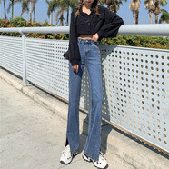 王熙麥開(kāi)叉闊腿牛仔褲女春裝2023年新款高腰顯瘦小個(gè)子微喇叭褲子女秋 復古藍（前開(kāi)叉款） S適合85-95斤左右