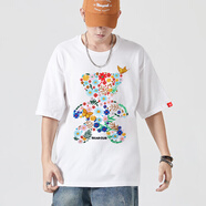 PLAY FOG短袖t恤男裝夏季中國風(fēng)小熊刺繡半袖純棉情侶上衣服男士國潮T恤衫 670小熊白色 L碼(建議115-140斤)