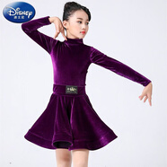 迪士尼（Disney）兒童女秋款拉丁舞兒童拉丁舞服裝長袖金絲絨大裙擺秋冬女童比賽考 紫色連衣裙  140