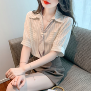 葉紫楓（YEZIFENG）短袖襯衫女夏季新款簡(jiǎn)約POLO領(lǐng)絲帶雪紡襯衫韓版條紋時(shí)尚女士小衫 條紋 M