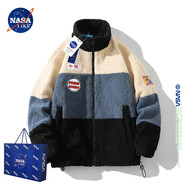 NASA LIKE官方國(guó)潮撞色搖粒絨外套春秋季加厚立領(lǐng)夾克男女情侶羊羔絨上衣 杏藍(lán)黑 2XL （建議160-170斤）