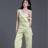 UWKKP背帶褲套裝時尚洋氣女裝小個子色背帶褲女2024新款潮流bf寬松百搭 檸檬黃 M 適合100-110斤