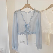 IandFeeling木耳邊短款雪紡防曬開(kāi)衫配吊帶裙子小披肩外搭罩衫女夏季超仙女 藍色 3XL （適合130-138斤）