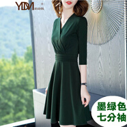韻動(dòng)犸春秋新款紅色V領(lǐng)連衣裙女秋冬長(cháng)袖中款修身顯瘦禮服裙子品牌女裝 墨綠色【七分袖】 XL