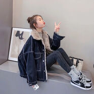 俞兆林 2025冬季新款植絨棉服女學(xué)生寬松羊羔毛牛仔外套加絨加厚 加厚黑色_ M _100-115