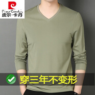 皮爾卡丹桑蠶絲T恤男長袖圓領莫代爾體恤春秋季潮流男裝純色內(nèi)搭打底衫 9200 淺綠 180 建議150-160斤