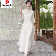 皮爾卡丹仙氣漢服日常禪意茶藝師服裝采耳古箏養生館新中式旗袍連衣裙 白色套裝 S