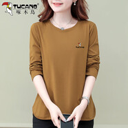 啄木鳥(niǎo)好棉T恤長(cháng)袖女春秋2025新款寬松韓版中年減齡休閑上衣T 咖色 XL 建議110-125斤