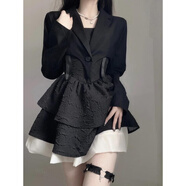 跨羽純欲蝴蝶結吊帶連衣裙女收腰蓬蓬裙小個(gè)子蛋糕短裙法式黑裙禮裙秋 吊帶裙＋外套 L