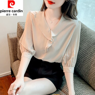 皮爾卡丹（pierre cardin）真絲短袖襯衫荷葉邊v領(lǐng)女夏季新款時(shí)尚襯衫洋氣質(zhì)桑蠶絲上衣顯瘦 杏色 XL (115-125斤)