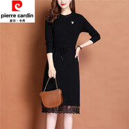 皮爾卡丹女裝中長(cháng)款毛衣女秋冬2022新款針織顯瘦過(guò)膝長(cháng)款拼接蕾絲冬季連衣 皮爾卡丹黑色 皮爾卡丹M