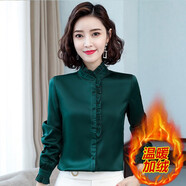 蔚曼（Veevmand）時尚洋氣雪紡襯衫女長袖2024春裝新款小立領(lǐng)打底衫襯衣女裝雪紡衫 墨綠色加絨 S