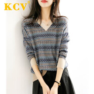 KCV女裝V領(lǐng)針織衫女幾何撞色民族風(fēng)毛衣寬松顯瘦外穿長袖上衣女 藍(lán)色 2XL 【建議125-135斤】