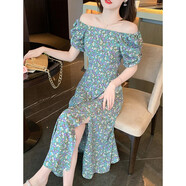 燕潯法式一字領(lǐng)碎花連衣裙子女夏季2025新款收腰顯瘦氣質(zhì)長裙開叉 綠色碎花 XL (建議125-140斤)