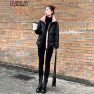 蝶嬌諾 羽絨服女冬裝新款百搭加厚保暖白鴨絨立領(lǐng)亮面免洗外套女小個(gè)子 黑色粉底 S（85-100斤）