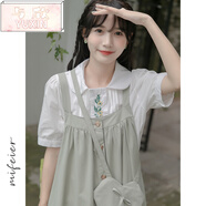 與欣夏季短袖女生套裝裙子夏天連衣裙學(xué)生娃娃領(lǐng)襯衫女2022夏季新款小個(gè)子甜美日系白色繡花襯衣女潮 連衣裙套裝 均碼【可備注碼數(shù)】
