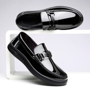 羅邁克（LUOMAIKE）夏季漆皮亮面休閑皮鞋男套腳一腳蹬厚底樂(lè )福鞋男士小皮鞋英倫潮鞋 黑色 41