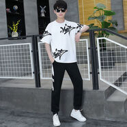 奧計（aoji）18歲青少年初中生高中生大學(xué)生男裝夏季青少年新款運動(dòng)長(cháng)褲套裝學(xué) 817白色 短袖+褲子一套 S 55-75斤