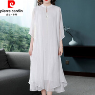 皮爾卡丹（pierre cardin）改良真絲旗袍女夏季新款時(shí)尚洋氣漢服長裙中國風(fēng)復(fù)古桑蠶絲連衣裙 白色套裝 L建議105-115斤
