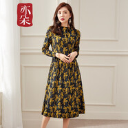 亦朵秋冬黃色印花針織連衣裙女收腰優(yōu)雅大方時(shí)尚減齡寬松長(cháng)裙 黃花色 XXL