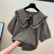 歐貨系帶娃娃領(lǐng)上衣女2022夏季新款黑白格泡泡袖時(shí)尚襯衫小衫 8296小格子 XXXL 建議160-180斤
