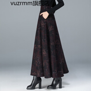 vuzrmm輕奢品牌女裝新品秋冬復(fù)古高腰花色毛呢半身裙長裙大擺A字印花冬裙女舞裙中年厚裙子 暗紅楓葉 M2.0-2.1尺長度85厘米