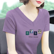 美莎尼純棉短袖T恤女V領(lǐng)上衣2023年新款百搭印花女裝雞心領(lǐng)夏裝體恤 紫色-雞心EVST 3XL 建議135-150斤