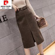 皮爾卡丹（pierre cardin）23年新款毛呢半身裙女秋冬新款包裙高腰顯瘦中長款開叉包臀裙加厚 咖色開叉 M 建議95-105斤