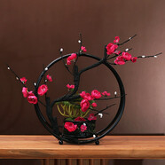 新中式仿真梅花鐵藝盆景擺件室內(nèi)裝飾花假花客廳玄關(guān)軟裝飾品擺設(shè) 玫紅梅花（含鐵圈）