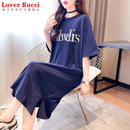 LOVER RUCCI法國純棉短袖2025年新款夏寬松懶人裙中長款T恤裙女開叉ins連衣裙 藏藍色9382 XL