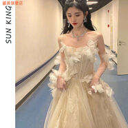 藏顏2023新款鞠婧祎同款主持人宴會晚禮服裙女氣質仙氣抹胸伴娘服 連衣裙+手套 S