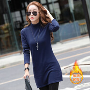 谷卓詩(shī)中長(cháng)款半高領(lǐng)加絨加厚純色修身百搭長(cháng)袖包臀打底衫女春秋冬新款 深藍色 加絨 XL