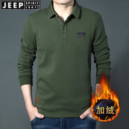 JEEP SPIRIT吉普休閑翻領(lǐng)加絨男長袖t恤寬松秋冬微彈厚款繡標(biāo)大碼保暖體恤衫 軍綠色加絨 XL 180 建議150-155斤
