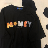 君茵 純棉短袖t恤女后包領(lǐng)大碼女裝2022春夏季韓版寬松學(xué)生新品印花短袖T恤 MON-黑色 L