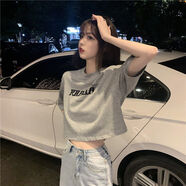御仕達【棉的】辣妹字母印花短款露臍短袖T恤女韓版寬松灰色tee 灰色 M 75-95斤