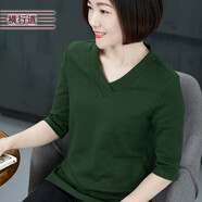 橫行道2024新款女裝竹節(jié)棉寬松上衣服七分袖打底衫v領(lǐng)t恤上衣 墨綠 3XL