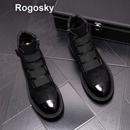 Rogosky 香港潮牌冬季加絨馬丁靴男英倫風(fēng)高幫鞋魔術(shù)貼套腳男士休閑短靴百搭內(nèi)增高黑色牛仔靴 （春秋款）增高版 41（皮鞋碼）